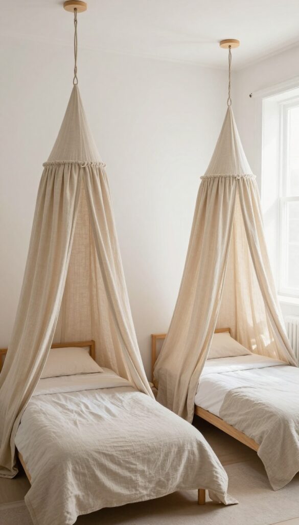 Two twin beds with personalized linen canopies creating private nooks in a shared kids bedroom