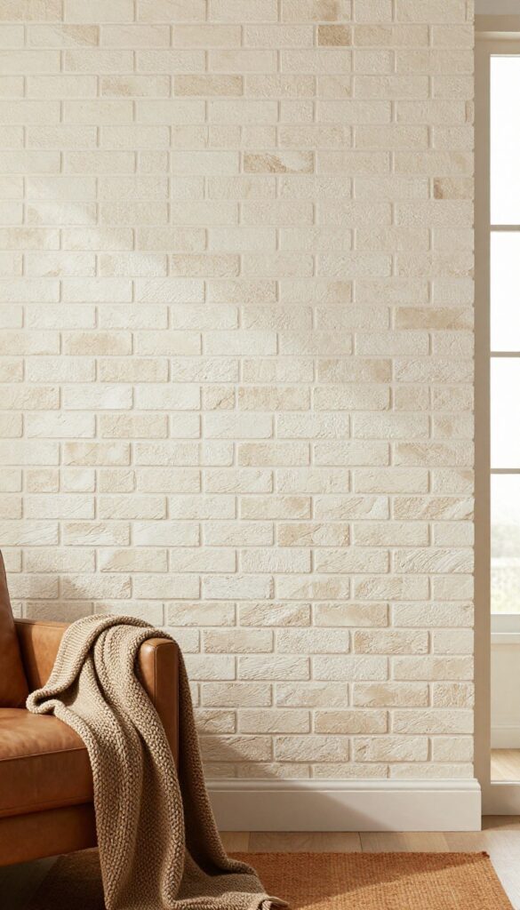 Whitewashed brick veneer wall with warm texture, leather armchair and knit throw in cozy living room