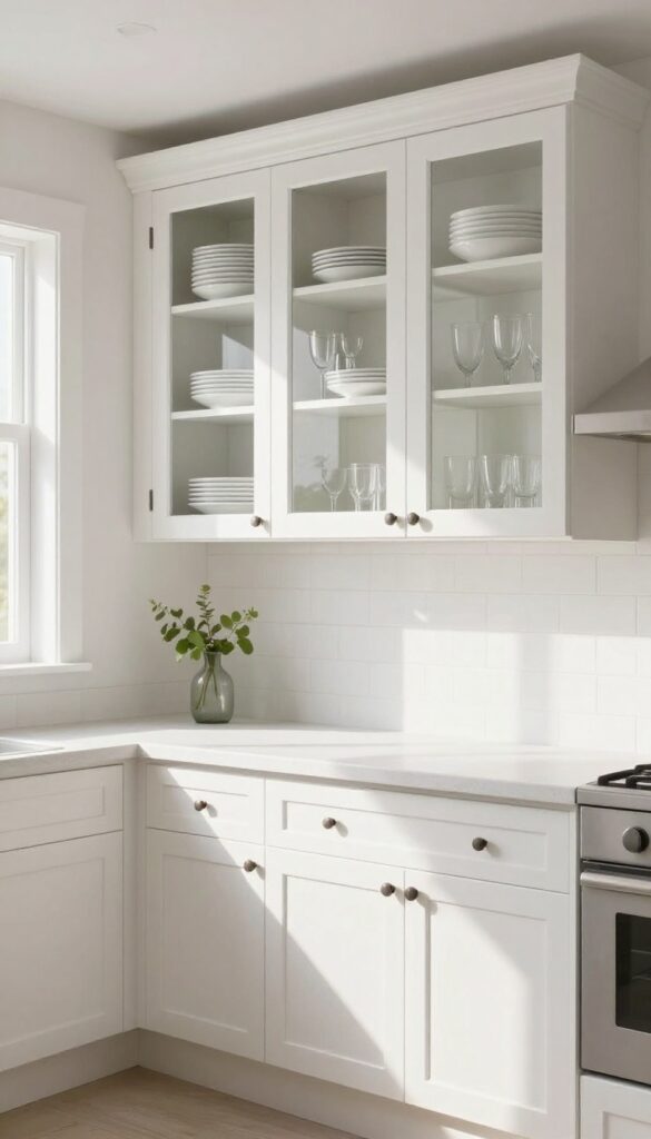 Farm kitchen with glass-front cabinet inserts showing neatly stacked white dishes and glassware, bright natural light, airy feel.