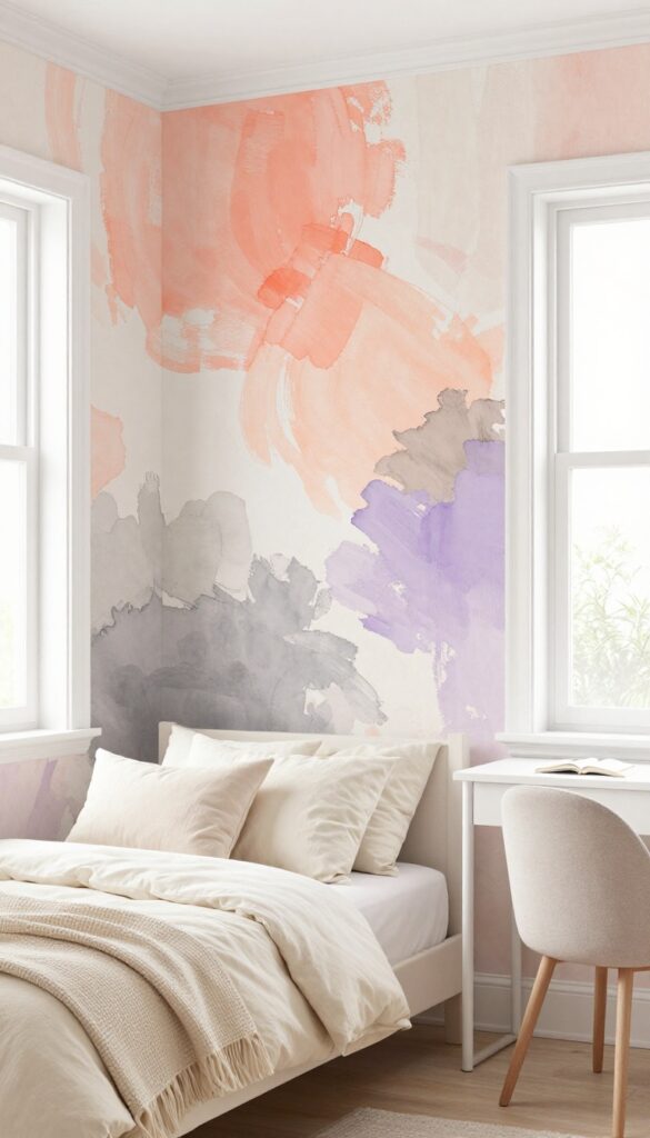 Girl's bedroom with abstract brushstroke wallpaper in coral, peach, lavender, and gray, minimal decor, bright natural light.