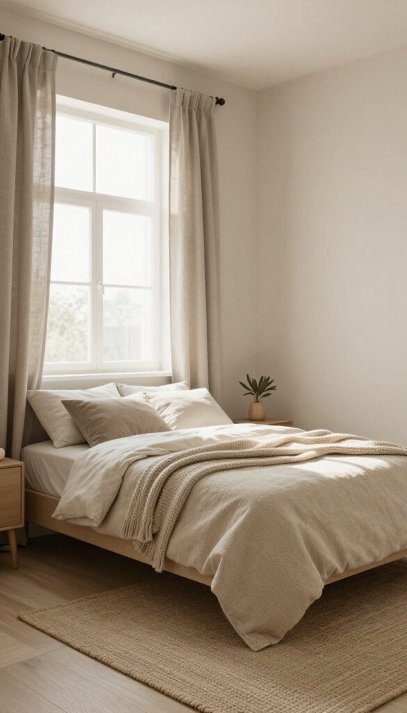 A boy's bedroom with warm neutral walls, natural textures, and soft natural light creating a cozy atmosphere.