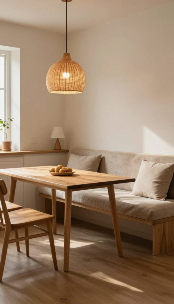 Warm kitchen banquette with layered lighting, low pendant light over table, and cozy lamp on counter.