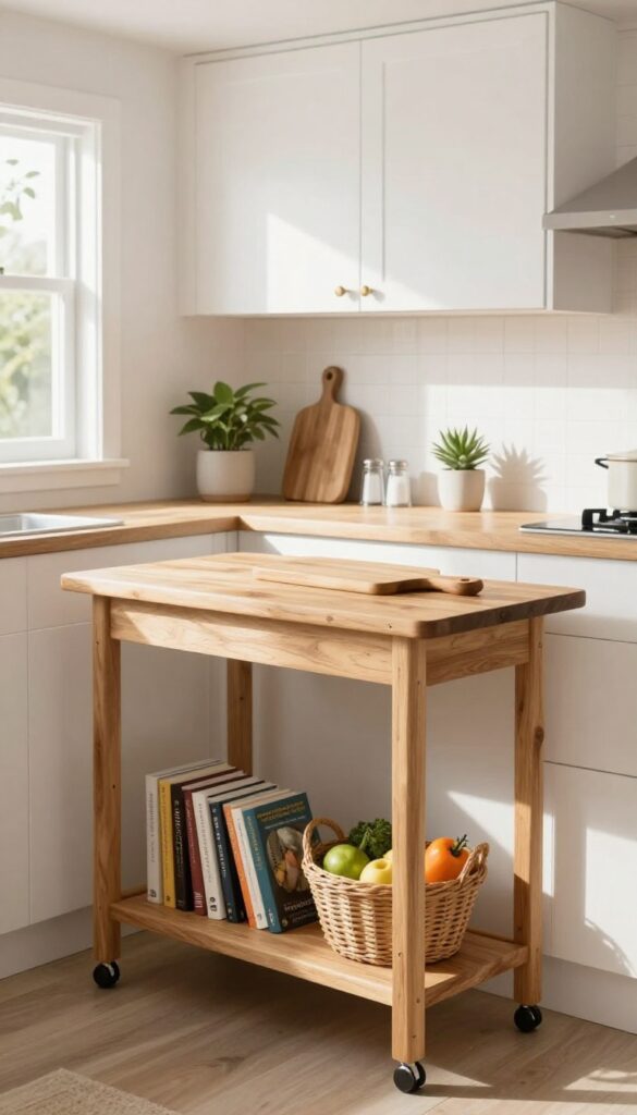 A slim wooden rolling cart with butcher block top in a bright white mobile home kitchen, holding a cutting board, plant, and salt cellar.