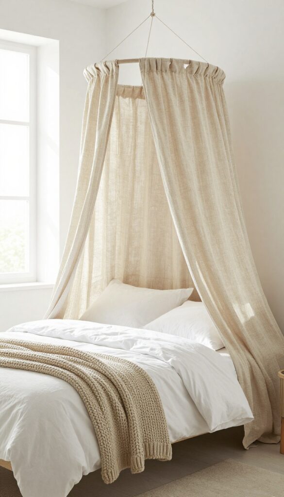 Small bedroom with a draped fabric canopy headboard, linen fabric cascading behind the bed, bright natural light, cozy and airy atmosphere.