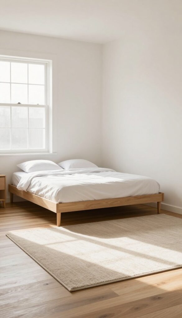 Small bedroom with a neutral rug defining the sleeping zone, bed against wall, hardwood floor, natural light.