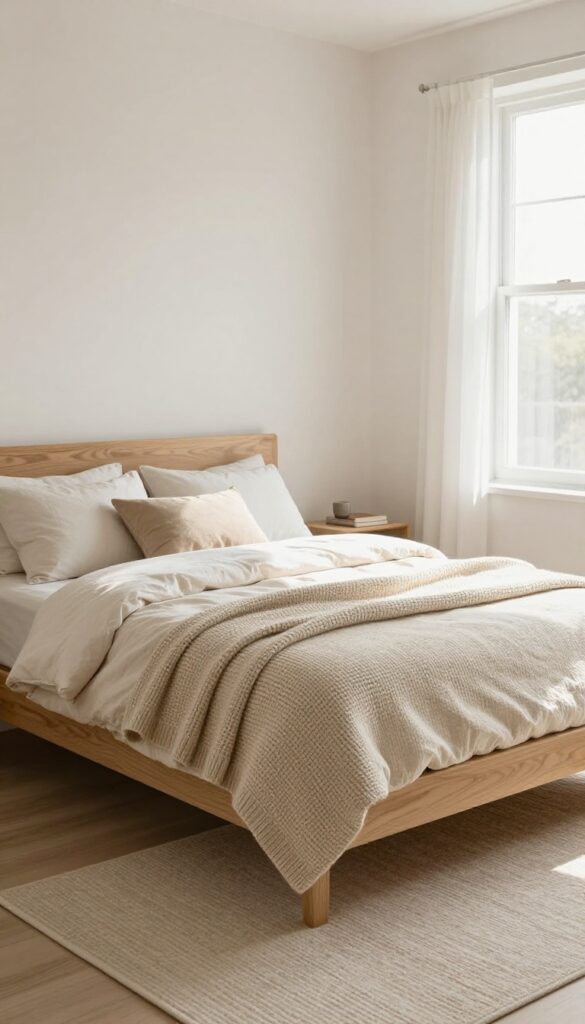Low-profile bed frame in a small bedroom with neutral bedding and rug, natural light, open feel
