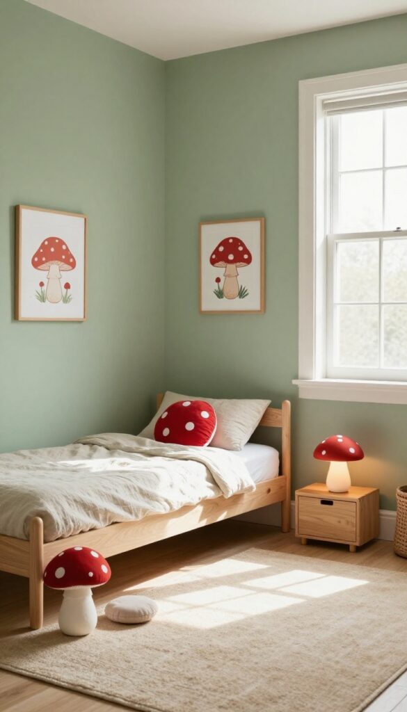 Kids forest bedroom with sage green walls, beige rug, and red mushroom accents like a lamp and cushion.