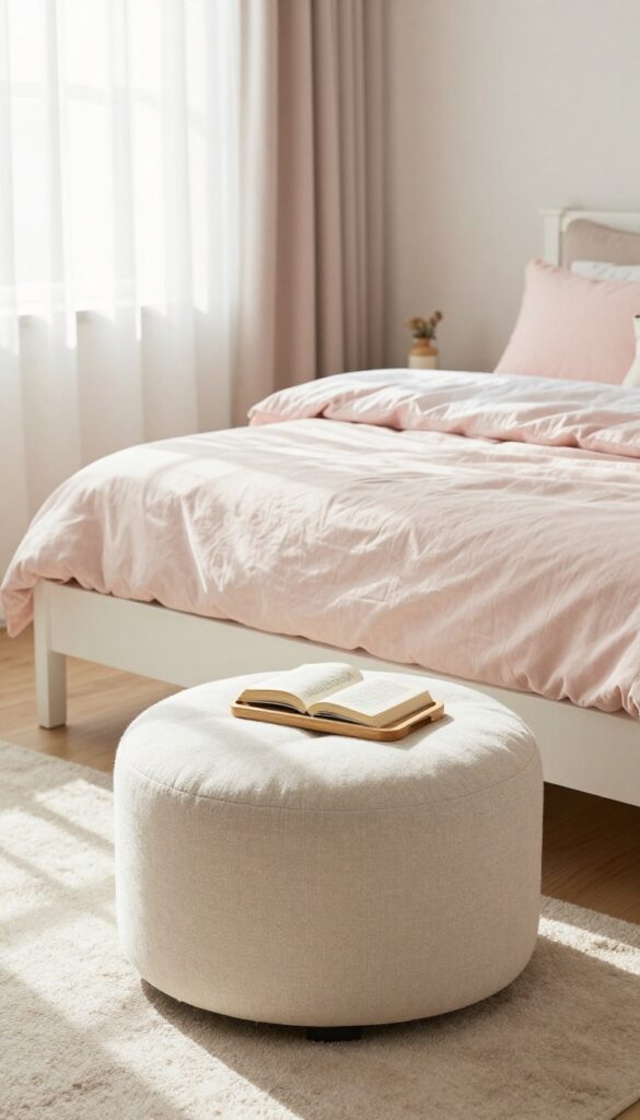 Storage ottoman at the foot of a girl's bed in a bright, neutral bedroom with soft pink accents.