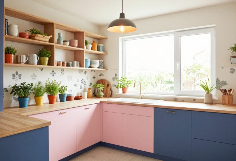 Bright kitchen with colorful open shelving, two-tone cabinets, patterned backsplash, and herb garden