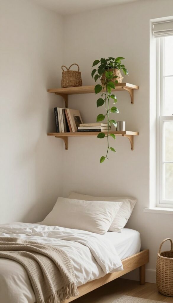 Floating shelves above a bed in a cozy small bedroom, styled with books, a basket, and a trailing plant.