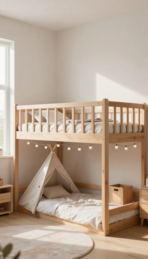 Cozy kids bedroom with loft bed and play nook underneath, featuring teepee, rug, and string lights.