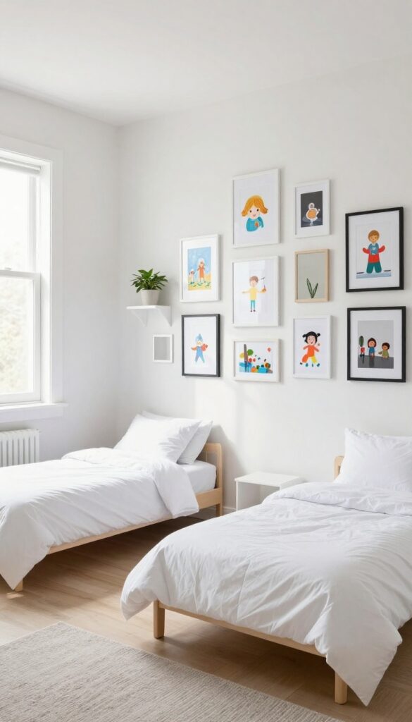Shared kids' bedroom with a gallery wall of framed art and photos between two twin beds, bright natural light, clean and cohesive design.