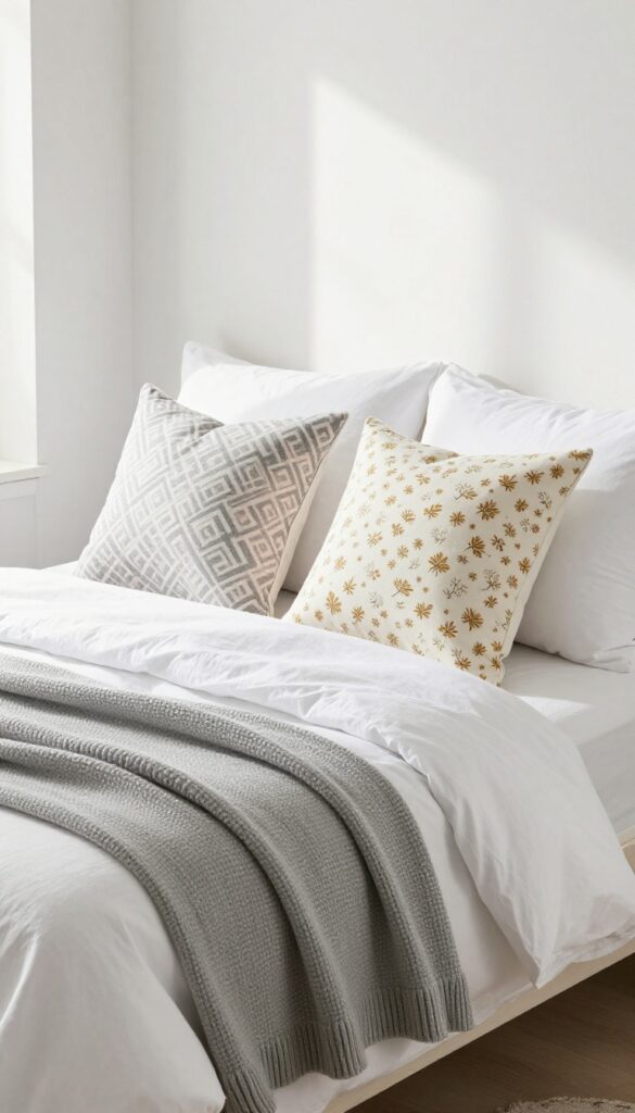 Cozy grey and white bedroom bed with patterned throw pillows in geometric and floral designs, featuring hints of blush and mustard, natural light.