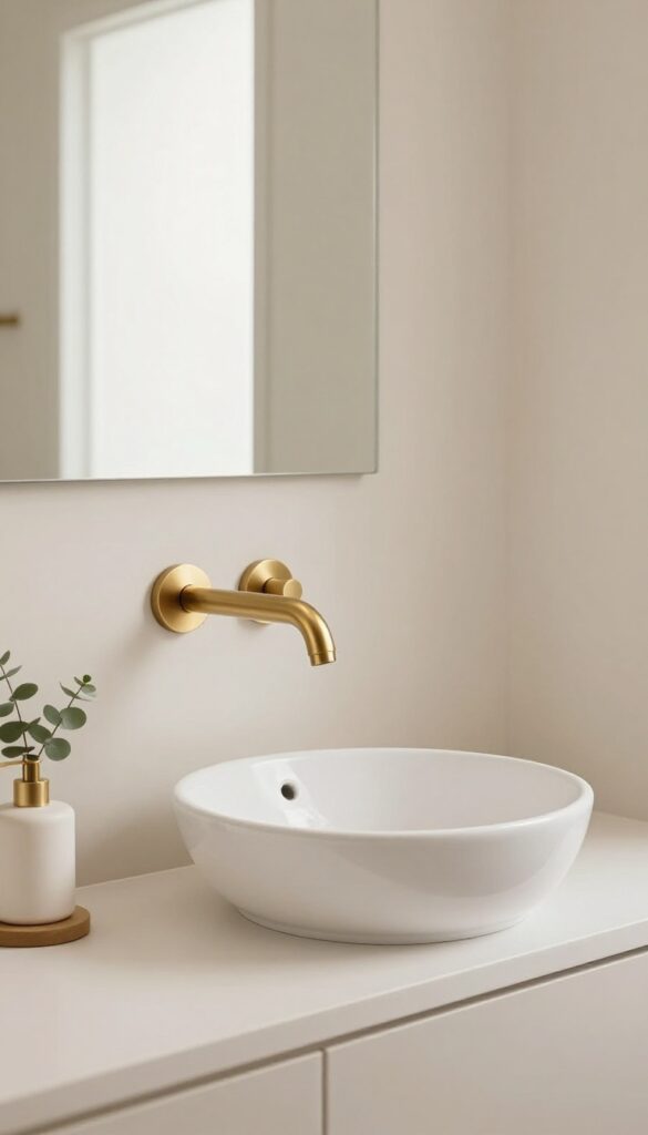 Small luxury guest toilet with wall-mounted faucet, vessel sink, and minimal decor