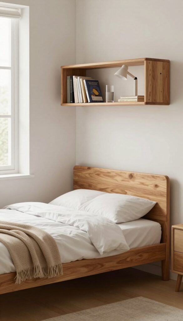 Boys bedroom with platform bed featuring built-in nightstands and shelves, warm wood tones, soft bedding, natural light