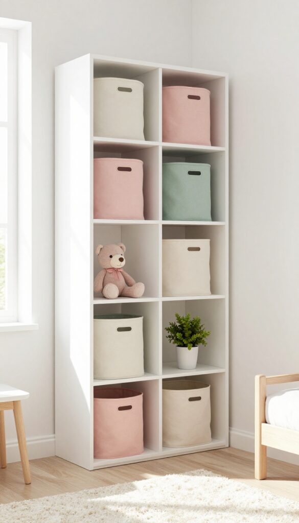 Stackable cube storage with fabric bins in a child's bedroom, showing open cubbies with toys and bins in soft muted tones.