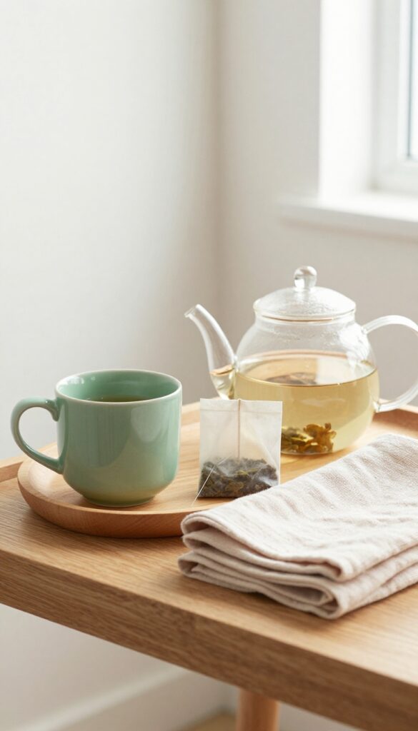 Relaxation tea station on a tray with mug, teapot, and tea bags in a guest room