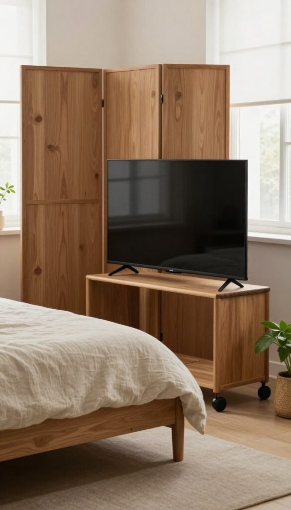 A small bedroom with a wooden folding screen partially hiding a TV on a rolling cart, creating a cozy and uncluttered sanctuary.