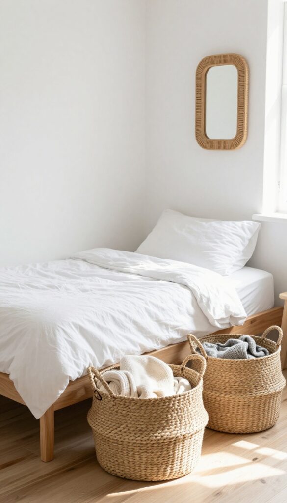 Small bedroom with under-bed storage baskets, woven seagrass baskets with lids under a wooden bed, bright natural light, cozy and organized.