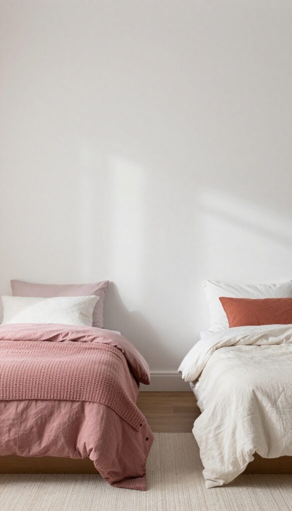 Two twin beds with color-coded bedding in dusty rose and terracotta, in a bright shared kids' bedroom.