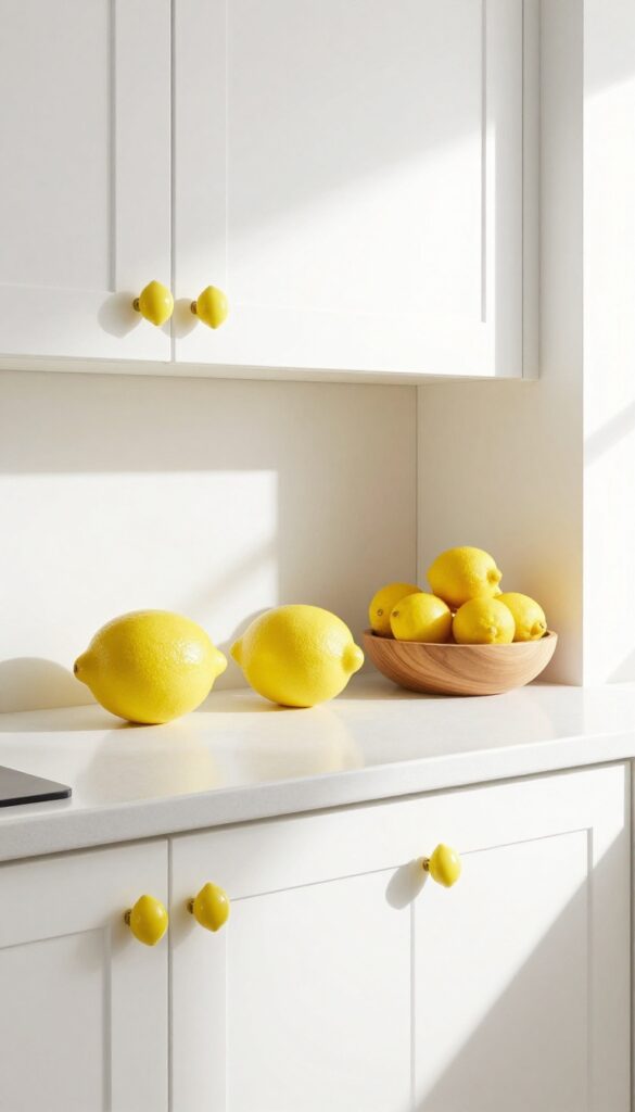 White kitchen cabinets with lemon-shaped knobs, bright natural light, clean countertop with lemon decor