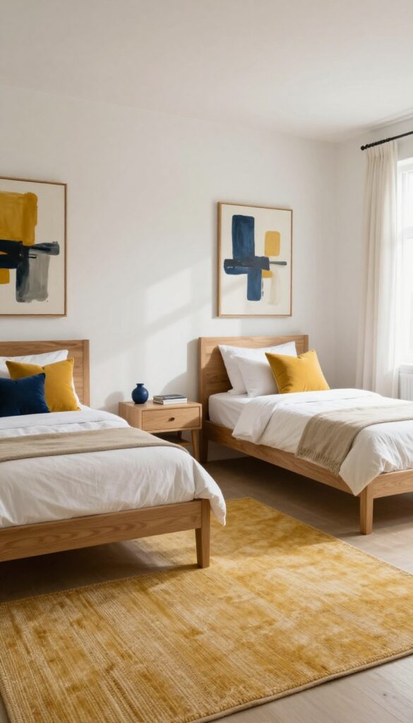Neutral twin beds guest room with white walls, beige bedding, natural wood tones, and pops of mustard yellow and navy in rug, pillows, and wall art.