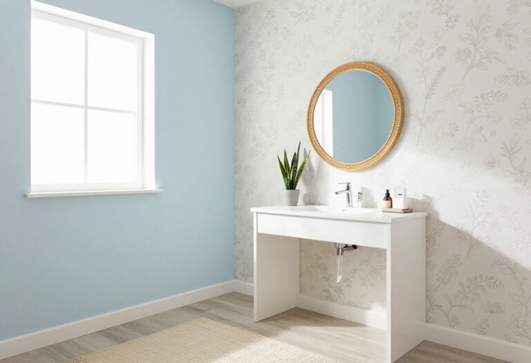 Light and airy guest powder room with rattan mirror, floating vanity, and floral accent wall
