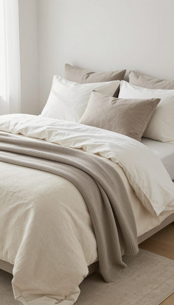 Guest bed with layered thrifted and discounted bedding in neutral tones, featuring crisp cotton, soft linen, and a chunky knit throw, bathed in natural light.
