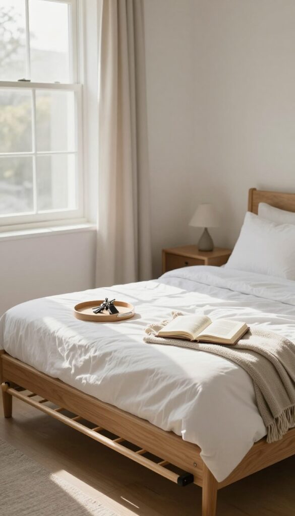 Guest room with wooden luggage rack holding an open suitcase, tray, and folded blanket at the foot of the bed