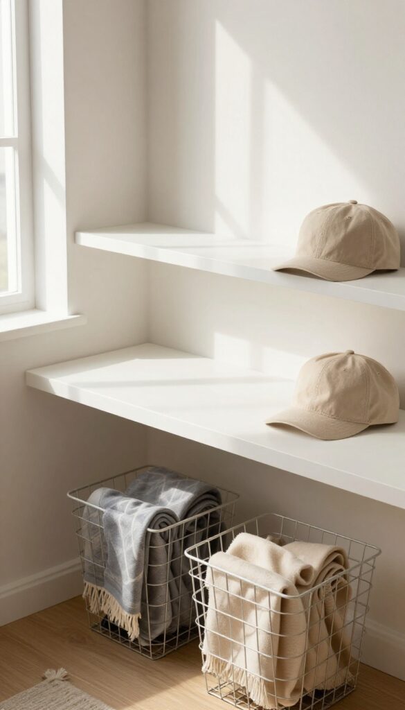 Under-shelf wire baskets holding folded scarves and a hat on a floating shelf above a desk in a bright bedroom.