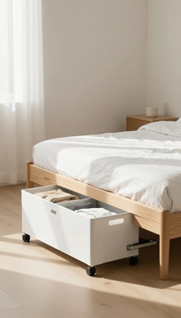 Under-bed storage bins on wheels in a calm guest bedroom