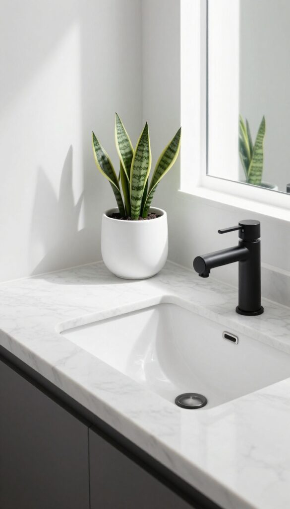 Small snake plant in white ceramic pot on marble bathroom counter