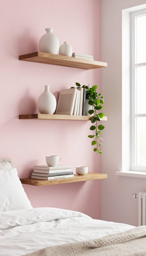 Blush pink accent wall with floating shelves in a bright bedroom