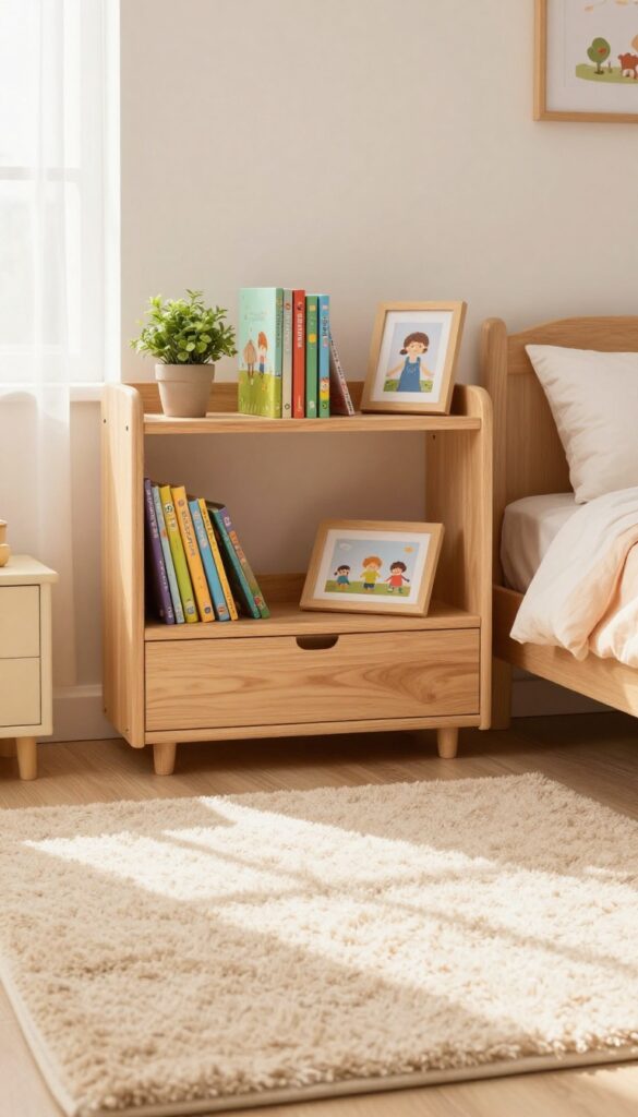 A warm and cozy kids' bedroom featuring a wall-mounted wooden shelf with books, a plant, and a framed photo, bathed in soft natural light.