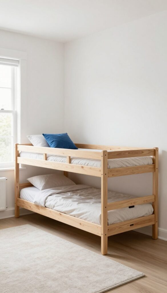 Low bunk bed with trundle and drawers in a bright, airy children's bedroom