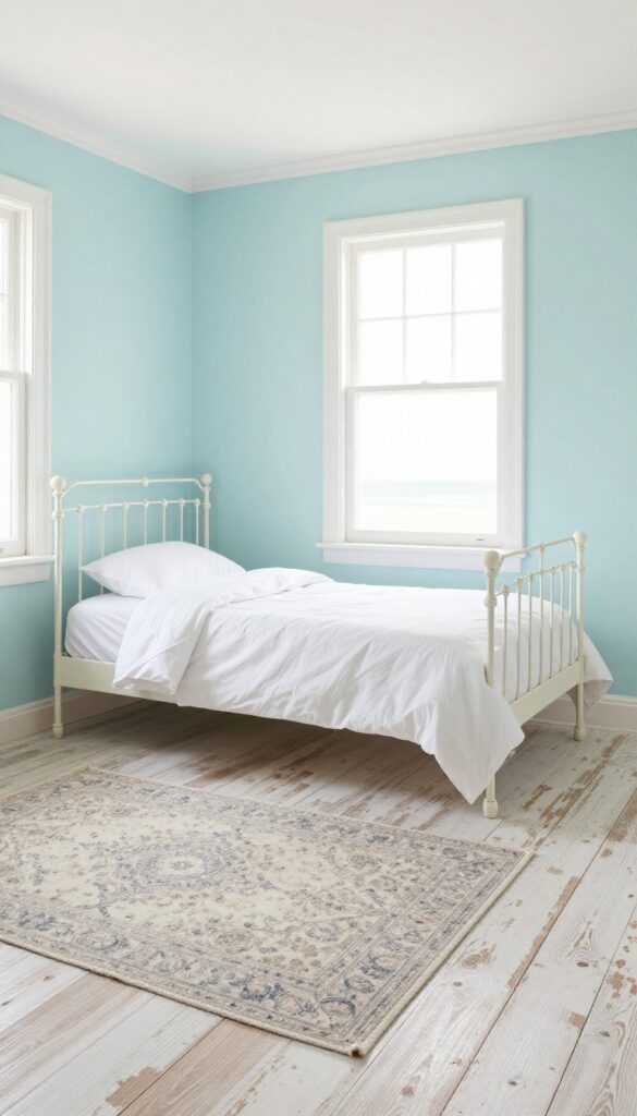Vintage kids bedroom with whitewashed floorboards, pastel walls, wrought-iron bed, and layered rug, bright natural light.
