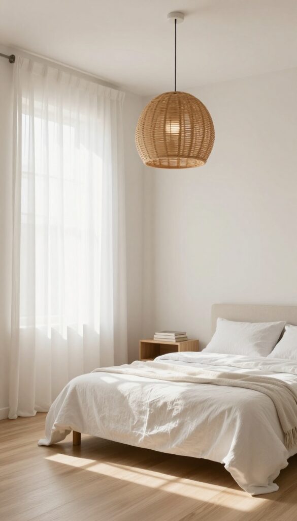 Minimalist bedroom with a statement rattan pendant light over a nightstand, natural light, neutral tones