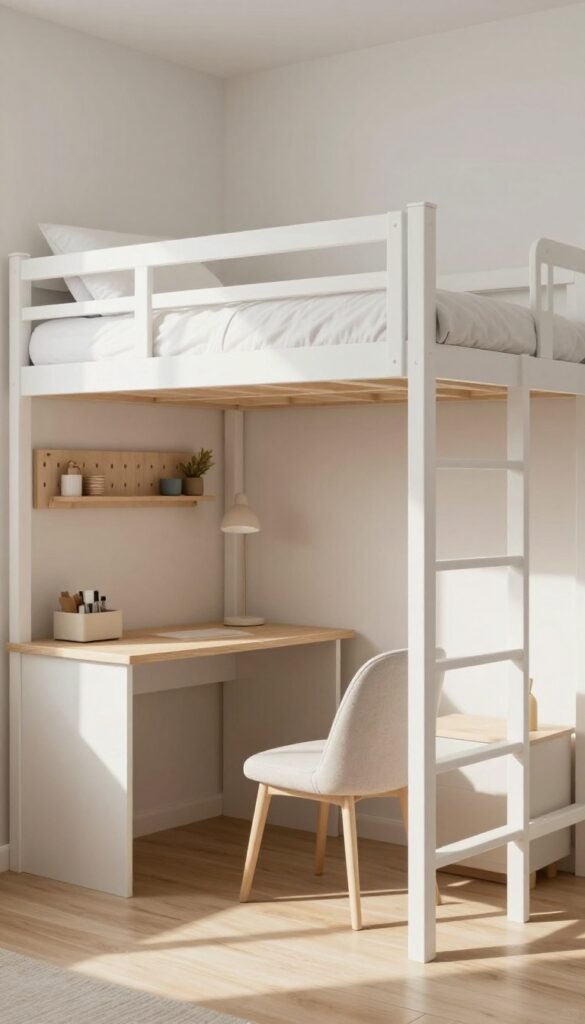 Lofted bunk bed with built-in desk in a bright, airy bedroom.