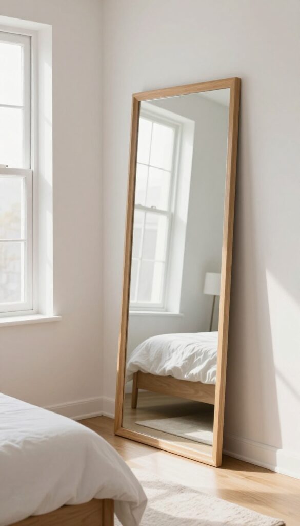 Oversized mirror reflecting light in a small bedroom