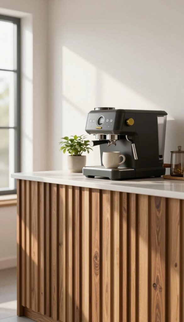 Warm wood slat accent wall behind a kitchen coffee bar with espresso machine, mug, and plant in natural light.