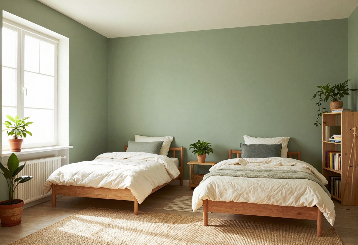 Cozy boys bedroom with sage green walls, wood bed, and cream bedding