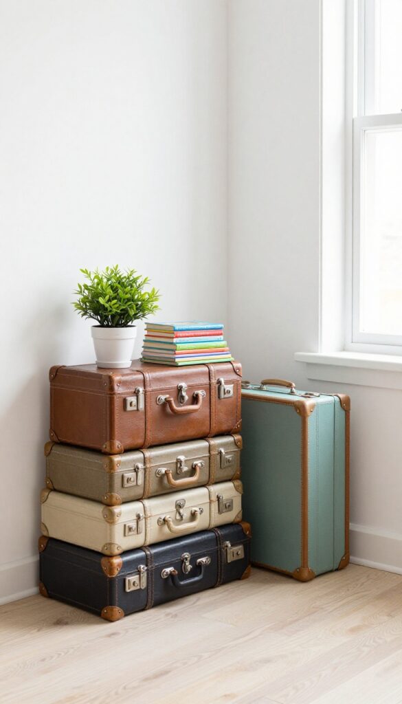 Vintage suitcases stacked as storage in a bright, airy kids bedroom with a plant and books on top