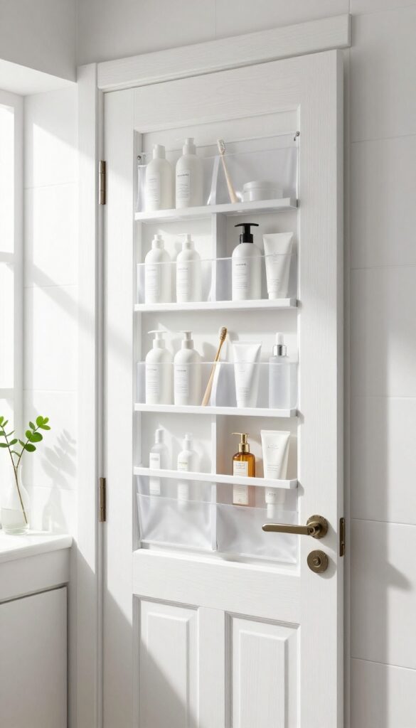 A clear over-the-door organizer filled with travel-sized toiletries on the back of a bathroom door in a bright, minimalist guest bathroom.