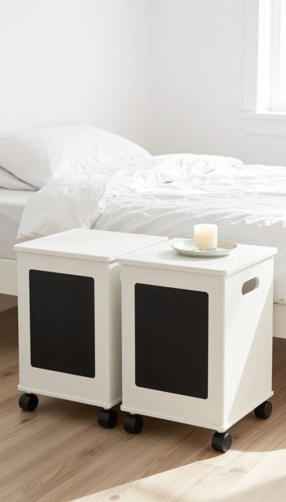 Under-bed storage bins on wheels in a small bedroom, partially pulled out with decorative tray on top.