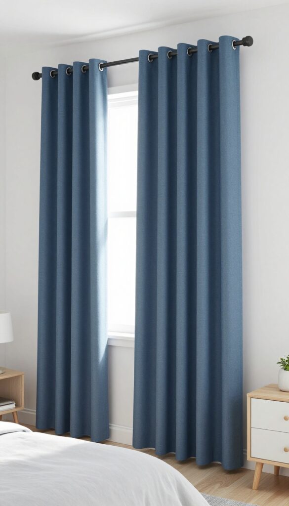 Boy's bedroom with blackout curtains on clip-on rings, partially open, letting in natural light.