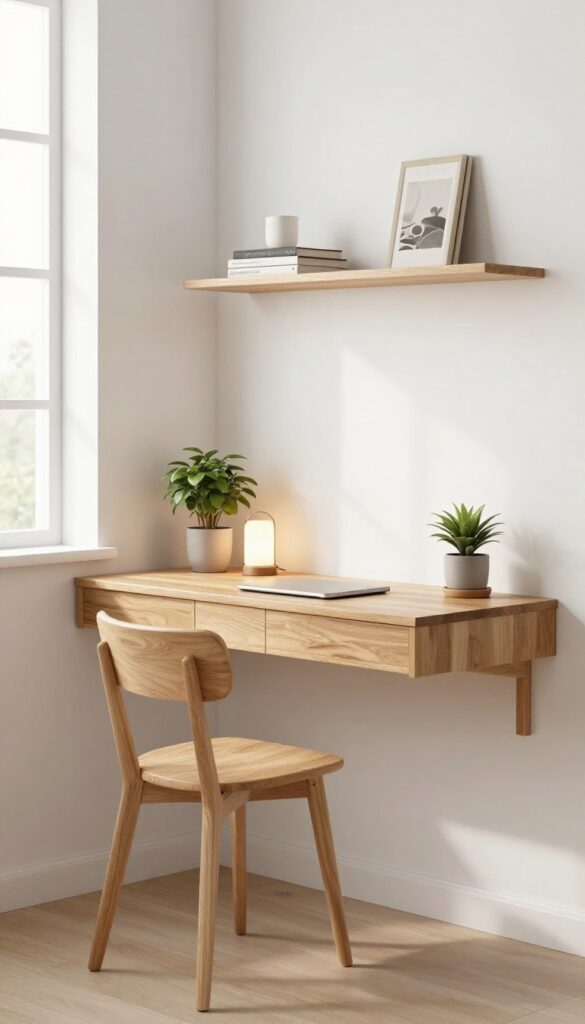 A floating desk in a small bedroom nook with a stool, lamp, and plant, bright natural light.