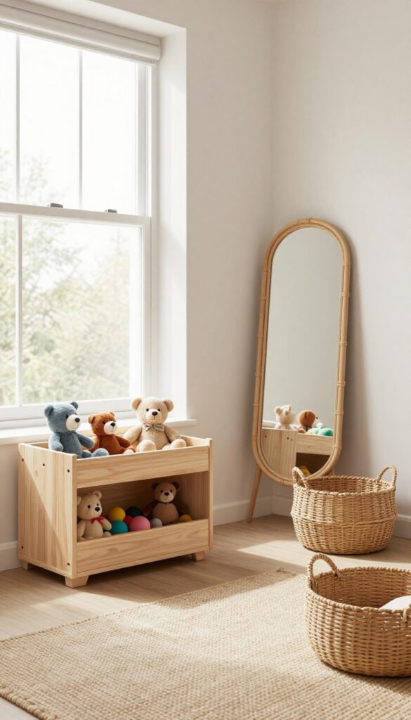 Kids bedroom with wooden toy bin, woven basket, and rattan mirror, natural light, earthy tones