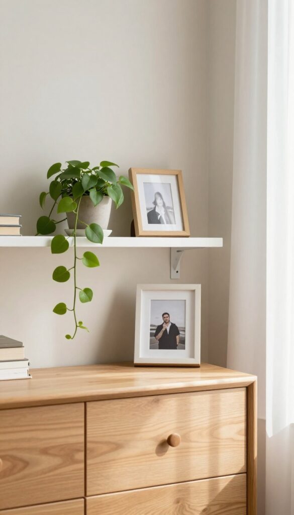 Tiered shelf on dresser with plant, photo, and books in bright natural light