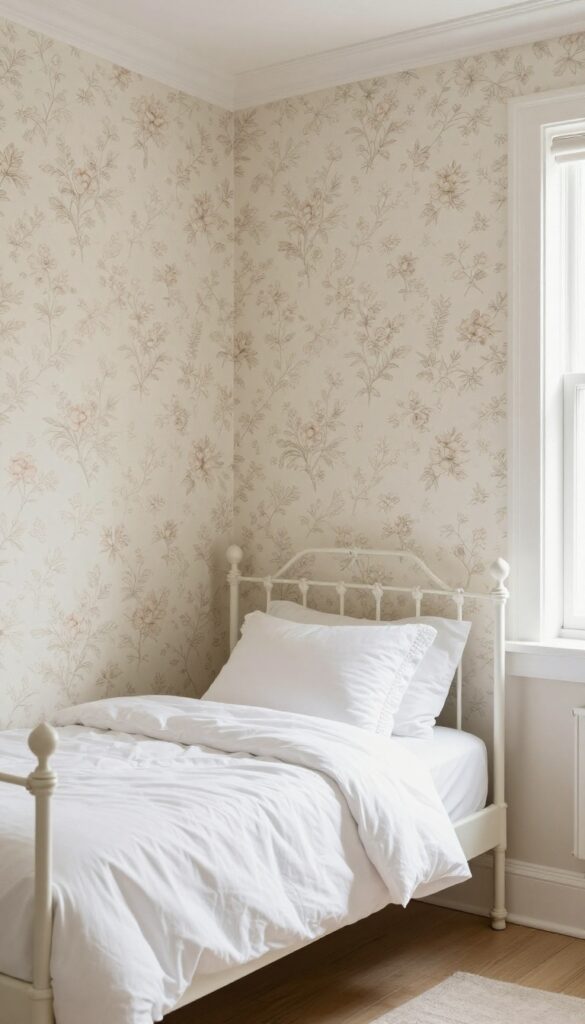 Vintage girls bedroom with floral wallpaper accent wall behind iron bed