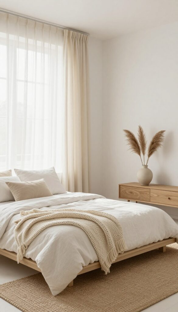 Minimalist monochromatic bedroom with white and beige tones, linen curtains, jute rug, and chunky knit throw.